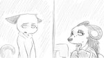 16:9 animal_crossing anthro bodily_fluids clothed clothing dialogue_in_description domestic_cat dragonweirdo duo ears_back eulipotyphlan felid feline felis female freckles greyscale half-closed_eyes hedgehog hi_res hoodie looking_away mammal monochrome narrowed_eyes nervous nintendo olivia_(animal_crossing) pivoted_ears quills_(anatomy) sable_able sewing_machine simple_background snout story story_in_description sweat sweatdrop tail topwear widescreen