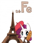 2015 4:5 baguette beatnik beret blue_eyes bread clothing eiffel_tower english_text equid equine female feral food friendship_is_magic hasbro hat headgear headwear horn iron_(element) joycall3 mammal my_little_pony mythological_creature mythological_equine mythology rarity_(mlp) real_world simple_background solo sweater text topwear tower turtleneck unicorn