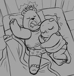 2024 anthro bear bed belly clothing duo furniture gordi_(unicorn_wars) heart_symbol holycuddlyheart hug lying male male/male mammal monochrome navel overweight overweight_male pillow sargento_caricias shirt sleeping topwear underwear unicorn_wars