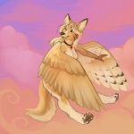 1:1 anthro canid canine canis casual_nudity collar coyote demicoeur digital_media_(artwork) feathered_wings feathers female heart_symbol hindpaw lucky_(blondefoxy) mammal nude paws solo tail wings