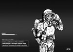 2023 anthro armor backpack black_and_white canid canine canis clothing domestic_dog english_text fallout female gameplay_mechanics ghoul_(fallout) headgear helmet hi_res hladilnik loading_bar loading_screen mammal microsoft military_helmet military_uniform monochrome panties progress_bar radiation radiation_burn samantha_thott smile solo text underwear uniform