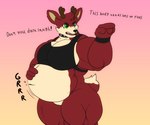 2022 6:5 angry anthro antlers belly big_belly big_pecs black_nose bodily_noises bottomless cinnamon_(vezerem) clothed clothing collar deer dialogue digital_drawing_(artwork) digital_media_(artwork) english_text featureless_crotch fur gradient_background green_eyes hi_res horn male mammal multicolored_body multicolored_fur muscular muscular_anthro muscular_male nonbinary_(lore) open_mouth pecs red_body red_fur rumbling_stomach shirt simple_background solo sound_effects stuffing tank_top text topwear vezerem vowelless vowelless_sound_effect