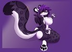 anthro big_breasts big_butt big_tail black_pawpads breasts butt exvarn fangs felid female fur hair hi_res lanie_(missylanieous) looking_at_viewer looking_back mammal markings orange_eyes pantherine pawpads purple_background purple_body purple_fur purple_hair simple_background sitting snow_leopard solo spots spotted_body tail teeth white_body white_fur