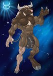 abs anthro astrology balls big_balls big_penis bovid bovine brown_body brown_fur digital_media_(artwork) digitigrade european_mythology flaccid foreskin fur genitals greek_mythology hair hi_res hooves horn human humanoid_genitalia humanoid_penis male mammal mid_transformation minotaur muscular muscular_anthro muscular_male mythological_creature mythology nipples nude pecs penis simple_background smile solo species_transformation tail transformation valensfd