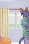 2:3 anthro bastriw bed bedroom clothed clothing comic curtains detailed_background domestic_cat felid feline felis furniture hairless hairless_cat hi_res inside male mammal pato_(bastriw) purple_eyes solo sphynx_(cat) window