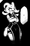 1-bit 2:3 aliasing anthro asriel_dreemurr_(god_form) biped black_and_white black_background black_sclera boss_monster_(undertale) bovid breasts broken_heart caprine clothed clothing crossed_arms crossgender digital_media_(artwork) dress eyebrows eyelashes fangs female half-closed_eyes horn long_ears looking_at_viewer mammal monochrome mtf_crossgender narrowed_eyes open_mouth pashoo pupils simple_background slit_pupils smile smirk solo speech_bubble standing teeth thick_thighs undertale undertale_(series) wide_hips