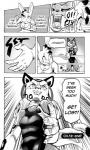 anthro breasts cheetah cleavage clothed clothing comic daigaijin dialogue duo english_text eyes_closed felid feline female fur furryfight_chronicles hair hi_res lagomorph leporid mammal monochrome muko nyarai_(furryfight_chronicles) rabbit text