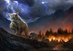 2019 amazing_background ambiguous_gender baby brambleclaw_(warriors) carrying_another chinese_text cloud color_contrast detailed detailed_background detailed_fur digital_media_(artwork) digital_painting_(artwork) domestic_cat felid feline felis feral fire firestar_(warriors) forest fur graystripe_(warriors) green_eyes group logo male_(lore) mammal mountain official_art outside plant raining shaded silhouette sky striped_body striped_fur stripes text tree walking warriors_(book_series) young young_feral zilven