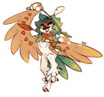 2016 ambiguous_gender anthro beak bow_(weapon) decidueye digital_media_(artwork) feathered_wings feathers generation_7_pokemon half-closed_eyes hi_res narrowed_eyes nintendo open_mouth pokemon pokemon_(species) ranged_weapon shaded signature simple_background solo suikuzu suizilla weapon white_background wings yellow_eyes