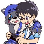 1:1 anthro backwards_baseball_cap backwards_hat bandai_namco baseball_cap bearmon black_body black_fur black_hair blue_eyes clothing digimon digimon_(species) duo eyewear fur glasses hair hat headgear headwear hosivern human leather leather_strap low_res male mammal straps