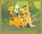 5:4 blush cleft_tail duo female forest gender_symbol generation_1_pokemon generation_7_pokemon krazyelf male mimikyu nintendo outside pikachu plant pokemon pokemon_(species) symbol tail tree yellow_body