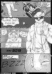 2023 anthro badger biped bone bottomwear breasts canisfidelis clothed clothing comic death dialogue domestic_ferret english_text eyebrows eyewear female hair hi_res holding_object honeycutt_(wonderingeyes13) humor inside jacket looking_at_viewer male mammal monochrome muscular muscular_male mustelid musteline open_mouth pants penetrable_sex_toy question_mark requesting sex_request sex_toy shirt short_hair skeleton solo speech_bubble standing sunglasses teeth terminator_(franchise) text topwear true_musteline vr_headset weasel yelling