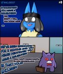 al_gx anthro blue_body briefcase building clothed clothing comic english_text generation_1_pokemon generation_4_pokemon gengar hi_res house logan_(al_gx) lucario male nintendo office offscreen_character pokemon pokemon_(species) purple_body scarf shocked story text