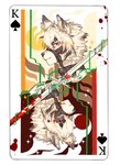 anthro canid canine canis card fur hair haru41113 hi_res looking_at_viewer male mammal mihoyo playing_card playing_card_template red_eyes solo suit_symbol von_lycaon white_body white_fur wolf zenless_zone_zero