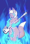 2017 anthro azurosey blue_background breasts brown_body brown_fur canid canine convenient_censorship elemental_manipulation eyes_closed female fire fire_manipulation fox fur hair mammal musical_instrument nude ofuda paper_seal plucked_string_instrument shamisen simple_background solo string_instrument talisman white_hair