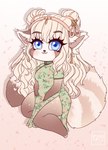 2019 ailurid anthro blonde_hair blue_eyes brown_body brown_fur chibi closed_smile clothed clothing dress ear_piercing eyelashes female fur green_clothing green_dress hair hi_res long_hair looking_at_viewer mammal markings mouth_closed piercing red_panda simple_background smile solo striped_markings striped_tail stripes tail tail_markings tiggybloom white_body white_fur