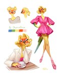 anthro avian bird blonde_hair brown_eyes clothing container cup dress eyebrows eyelashes eyes_closed feathers female footwear furniture hair hi_res holivi looking_at_viewer lovebird model_sheet parrot rosy-faced_lovebird sandals shoes solo table tail tail_feathers true_parrot xanthochromism y2k_(fashion)