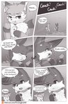 ambiguous_gender anthro backpack bell canid canine collar comic dialogue duo eating english_text flower food forest fox fruit hi_res iradeon mammal nia_(senz) plant sean_(senz) senz text tree url