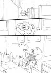 anthro biped bodily_fluids canid canine clothing comic digital_media_(artwork) falling fox fur_(theterm) mammal monochrome school_uniform solo sweat theterm uniform young