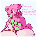 anthro balls barry_(porbol) bear border dialogue duo erection fangs female flicking_penis genitals goo_creature humanoid_genitalia humanoid_penis humiliation male mammal nonbinary_(lore) nude open_mouth penis penis_flick penis_humiliation pink_body pink_nose porbol pubes simple_background tail teeth tongue whiskers white_border