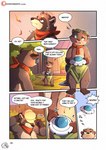 absurd_res andrew_(risenpaw) anthro bottomwear brown_body bulge clothing comic countershading dialogue english_text fur headgear hi_res loincloth male mammal marcus_(risenpaw) mostly_nude multicolored_body mustelid navel otter pawpads paws procyonid raccoon risenpaw scarf slightly_chubby tavern text