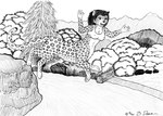 1997 bernard_doove black_and_white breasts chakat chakona_space cleavage cliff clothed clothing evergreen_tree falling felid felid_taur female forestwalker fur hair herm_(lore) jaguar mammal mammal_taur midair monochrome nipple_outline open_mouth outside pantherine peril pine_tree plant river shirt solo tail tank_top taur topwear tree