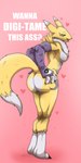 absurd_res anthro arm_warmers armwear bandai_namco black_sclera blue_eyes breasts butt canid canine clothing digimon digimon_(species) female fur hand_on_butt hi_res holidays looking_at_viewer mammal nipples nude raised_tail renamon simple_background smile solo solo_focus standing tail teastuff valentine's_day white_body white_fur yellow_body yellow_fur