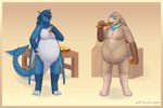 2024 3:2 anthro belly big_belly bloated blue_body blue_fur blue_hair brown_body brown_fur burger claws container digitigrade dragon eyewear food food_in_mouth fur furniture furred_dragon furred_scalie glasses hair hand_on_belly hi_res kai_(arcticka) lagomorph leporid male mammal moobs mythological_creature mythological_scalie mythology navel obese obese_male overweight overweight_male pizza pizza_box rabbit scalie shaded shark_tail signature simple_background soft_shading stuffing table weight_gain white-dragon white_body white_fur