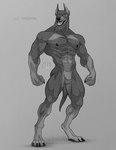 2023 4_toes 5_fingers abs anthro artist_logo big_chest big_muscles broad_shoulders canid canine canis classicmuzzle_(artist) claws digitigrade dobermann domestic_dog featureless_crotch feet finger_claws fingers fist gloves_(marking) grey_background hi_res leg_markings logo looking_at_viewer male mammal markings monochrome muscular muscular_anthro muscular_male nipples nude open_mouth pawpads paws pecs pinscher serratus shaded simple_background smile socks_(marking) solo standing tail teeth text thick_neck toe_claws toes tongue were werecanid werecanine weredog weretober whisker_spots