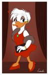 anatid anseriform anthro avian bird border clothing daisy_duck disney dress duck ear_piercing ear_ring female footwear fur_boa half-closed_eyes hand_behind_head heart_symbol hi_res high_heels kinkypeach lipstick looking_at_viewer makeup narrowed_eyes piercing pinup pose purse quack_pack red_clothing red_dress red_footwear red_high_heels red_lipstick ring_piercing shoes solo stage vintage_pinup white_border