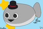 2024 3:2 big_eyes black_eyes blue_background clothing colored digital_media_(artwork) fish flat_colors grey_body hat headgear headwear jawless_fish jim_(reathe) male marine open_mouth prehistoric_species reathe sacabambaspis signature simple_background smile solo star top_hat