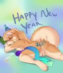 alcohol anthro beverage bubble canid canine canis champagne digital_media_(artwork) domestic_dog drunk drunk_bubble eyes_closed female fluffy fluffy_tail food genitals holidays mammal new_year nude pomeranian pussy rika_(artist) rika_(rika) sleeping solo spitz substance_intoxication tail