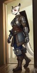 anthro armor blue_bottomwear blue_clothing blue_eyes blue_pants blue_sclera boots bottomwear bracers breastplate breasts brown_boots brown_clothing brown_footwear brown_topwear clothed clothing colored doorway dragonborn_(dnd) dungeons_and_dragons ethrk female footwear full-length_portrait fully_clothed gambeson gloves handwear hasbro heterochromia hi_res horn inside looking_at_viewer mace melee_weapon pants plate_armor portrait pupils red_eyes red_sclera scales scalie shaded shield shield_on_back shoes slit_pupils smile smiling_at_viewer solo standing tail teeth topwear weapon white_body white_scales wizards_of_the_coast