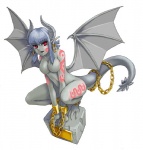 3_toes bdsm blue_hair bondage bound breasts chain chained cuff_(restraint) demon demon_humanoid ear_piercing fantasy featureless_breasts feet female gargoyle grey_body grey_skin hair horn humanoid humanoid_pointy_ears kenkou_cross membrane_(anatomy) membranous_wings monster_girl_(genre) monster_girl_encyclopedia non-mammal_breasts not_furry nude piercing plantigrade plinth pointy_ears red_eyes reptile restrained restraints scalie shackles slave solo spade_tail submissive submissive_female tail tattoo toes wings