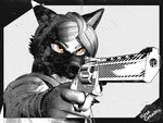 3d_(artwork) 4:3 anthro biped blender_(artwork) canid canine canis clothed clothing digital_media_(artwork) domestic_dog female german_shepherd gun hair handgun herding_dog hi_res holding_gun holding_object holding_ranged_weapon holding_weapon leslie_rochester(rosecreates) looking_at_viewer mammal monochrome noir pastoral_dog ranged_weapon revolver rosecreates simple_background solo topwear weapon white_background