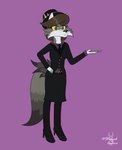 2_horns anthro bottomwear brown_hair canid canine canis clothing deer digital_drawing_(artwork) digital_media_(artwork) eyelashes eyeshadow fedora female fluffy fluffy_tail footwear formal_wear fur green_eyes grey_body grey_fur hair hand_on_hip hat headgear headwear high_heels holding_object horn hybrid legwear looking_away makeup mammal multi_tail necktie office_clothing paper schlephttantha shirt shoes simple_background simple_coloring skirt solo standing stockings strayed_anima suit tail tail_over_skirt topwear watermark white_body white_fur wolf wolfalyon yellow_eyes