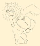 2023 anthro big_butt bulge butt canid canine canis clothing digital_media_(artwork) ear_piercing eyewear glasses hair hi_res huge_butt jockstrap long_hair male mammal maned_wolf monochrome naz_(bonesman) piercing presenting purple_yoshi_draws sepia shaking_butt solo teasing thick_thighs underwear yellow_and_black