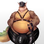 2020 activision anthro belly bulge canid canine canis clothed clothing collar crash_bandicoot_(series) crocodile crocodilian detailed_bulge digital_media_(artwork) dingo dingodile fur genital_outline hat headgear headwear hi_res hybrid latex leather_daddy male mammal overweight overweight_anthro overweight_male penis_outline reptile sad_tomato scalie simple_background solo teeth underwear