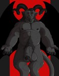 abs anthro balls beard big_balls big_penis black_body black_fur black_hair black_horn black_penis black_wings body_hair bovid butt caprine caprine_demon claws cross curled_horn demon digital_media_(artwork) facial_hair foreskin fur genitals glowing glowing_eyes goat_demon hair hi_res horn humanoid_genitalia humanoid_penis inverted_cross looking_at_viewer male mammal musclegut muscular muscular_anthro muscular_male nipples pecs penis presenting presenting_hindquarters presenting_penis red_background red_eyes satan sideburns sillywerwolf simple_background smile solo spread_wings vein veiny_penis wings