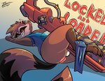 anthro anus balls big_butt butt clothed clothing ear_piercing english_text genitals guardians_of_the_galaxy gun hi_res male mammal marvel pantsless piercing prate-dragon presenting presenting_hindquarters procyonid raccoon ranged_weapon red_eyes rocket_raccoon smug solo tail text weapon