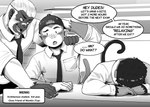 anthro clothed clothing desfrog english_text eyebrows fingers group haplorhine male mammal mark_(desfrog) menki_(desfrog) monkey monkin_(desfrog) monochrome necktie open_mouth open_smile primate shirt smile tail text topwear trio