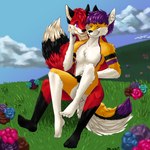 1:1 anthro canid canine canis claws duo facial_scar feet felid feline fluffy fluffy_tail fox hi_res hindpaw hybrid jewelry male male/male mammal necklace nude nude_anthro open_mouth pawpads paws pepper_(azul) romantic romantic_couple scar tail true_fox wolf xfotzy