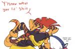 amphibian angry annoyed anthro anthrofied argument beelzemon_(artist) bent_over clothed clothing comic dialogue duo english_text fan_character gael_the_scrafty generation_5_pokemon generation_6_pokemon greninja luce_the_greninja male mocking mohawk nintendo pokemon pokemon_(species) pokemorph scrafty text topless