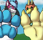 absurd_res anthro avian bird canid canine canis cloud duo feet grass hi_res looking_at_viewer looming male male/male mammal micro paws planet plant shrunken_object shrunken_planet smile smirk soles viraxe wolf wolftical wolftical_(artist)