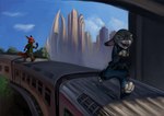 anthro canid canine clothing conditional_dnp disney duo female fox fur grey_body grey_fur judy_hopps lagomorph latex_(artist) leporid long_ears male mammal nick_wilde orange_body orange_fur police police_uniform purple_eyes rabbit red_fox running tongue tongue_out train true_fox uniform vehicle zootopia