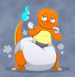 absurd_res alternate_version_at_source anthro big_diaper blue_eyes blue_fire blush charmander clean_diaper clothed clothing coal_the_charmander colored_fire diaper diaper_only diaper_puff fighting_pose fingerless_gloves fire fist flaming_tail generation_1_pokemon gloves handwear hi_res looking_at_viewer male nintendo orange_body orange_scales pokemon pokemon_(species) pose scales solo tail tenerius topless