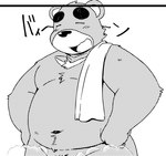 2024 anthro bear belly blush eyes_closed inu_to_kuma inuryu kemono male mammal monochrome moobs navel overweight overweight_male solo tomobiki_subaru towel towel_on_shoulder