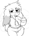 2024 annoyed anthro black_eyes bottomless bottomless_anthro bottomless_female cave_story clothed clothing commonbleat crotch_tuft ear_markings eye_markings eyelashes fan_character female floppy_ears fur gesture hand_gesture hip_tuft jacket_only lagomorph long_ears looking_at_viewer lop_ears mammal markings middle_finger mimiga monochrome navel simple_background solo spots spotted_body spotted_fur spotted_markings thick_thighs topwear topwear_only triangle_nose tuft white_background