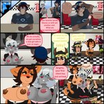 1:1 absurd_res age_difference anthro big_breasts bodily_fluids breasts canid canine canis clothed clothing dai_(softpawcafe) demon english_text female femboy gran-meow_(softpawcafe) group hi_res himbo jackal lilly_(softpawcafe) linx male mammal older_female partially_clothed raccoon_dog softpawcafe sweat tanuki text tsundere zoe_(softpawcafe)