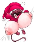 anthro areola big_breasts biped bouncing_breasts breasts breasts_bigger_than_head brown_hair christmas christmas_clothing christmas_headwear clothing erect_nipples eyelashes female female_anthro hair happy hat headgear headwear holidays holly_(rogywantscoffee) huge_breasts hyper hyper_breasts jumping male_(lore) mammal mouse mouse_ears mouse_tail murid murine nipples plantigrade rat red_eyes ripping ripping_clothing rodent rogywantscoffee santa_hat short_hair short_stack solo torn_clothing